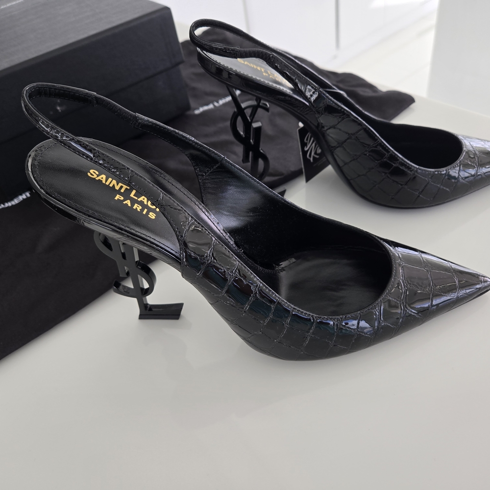 Saint Laurent Opyum Black Patent Leather Croc Embossed  Heels, Size 41, New